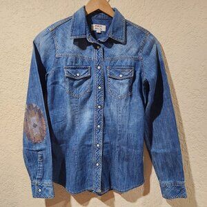 MET Jeans Denim Pearl Snap Shirt Womens‎ XS Crystal Southwest Elbow Patches